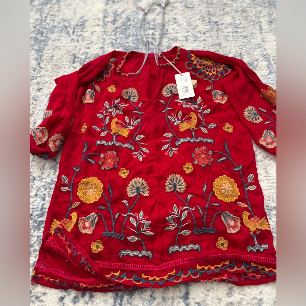Johnny Was three quarter sleeve red Embroidered Red Women's Top new w tag 315$